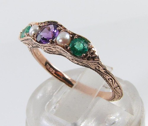 SUFFRAGETTE 9K ROSE GOLD AMETHYST EMERALD PEARL ETERNITY BAND ART DECO INS RING - Picture 2 of 5