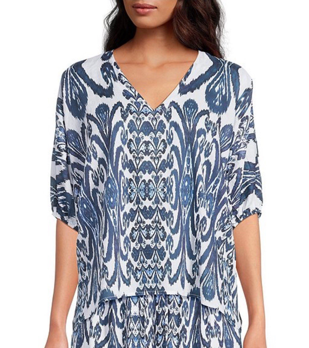 Ro's Garden Nancy Pullover Short Sleeve V-Neck Printed Top Cotton Oversized