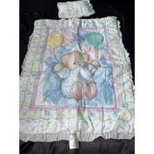 Vintage Baby Quilt & Pillow Set – Pastel Balloons & Bear Design – 90s/2000s