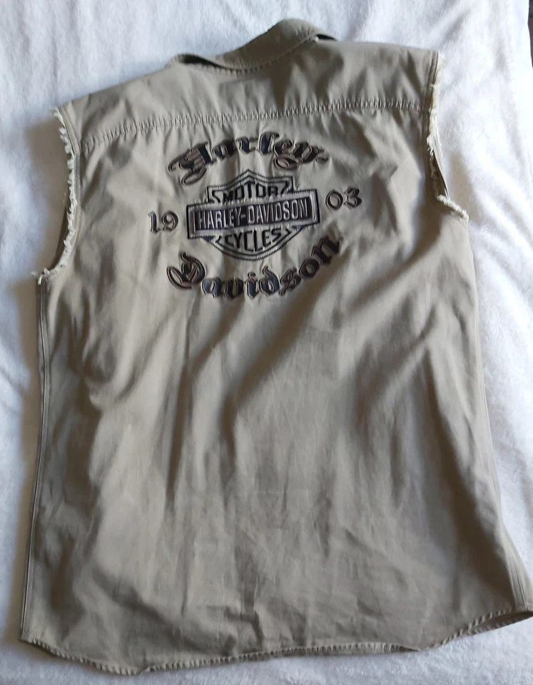 HARLEY DAVIDSON ☆ Chaleco Para Hombres 2XL Beige Bordado Bicicleta Corte Camisa/Cinturón ☆ Foto 2 de 4