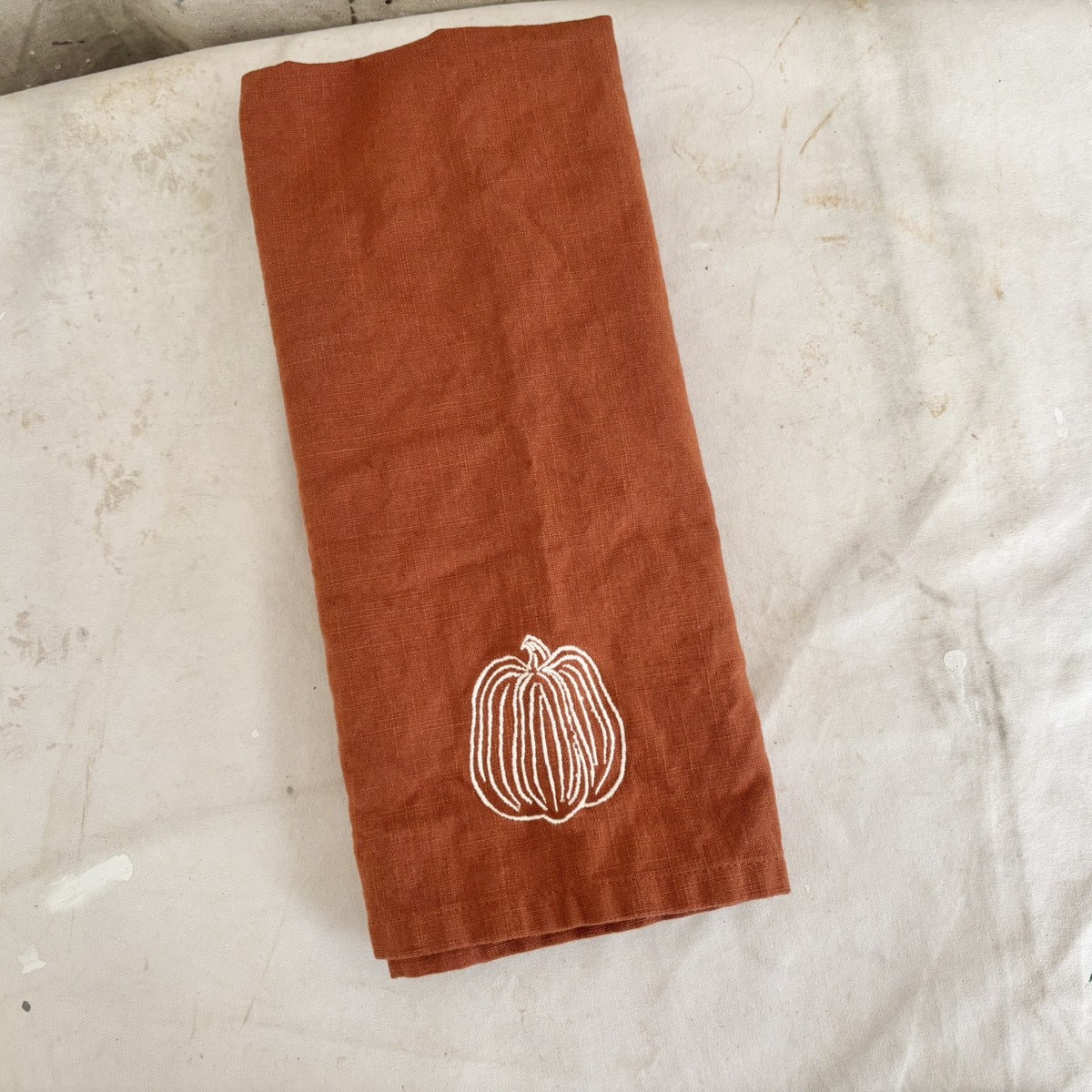 Crate Barrel Embroidered Pumpkin Dish Towel, Burnt Orange Tea Kitchen  Cotton