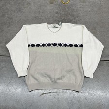 vintage white and grey argyle v neck knit sweater size large