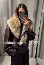 ZARA NEW WOMAN FAUX LEATHER JACKET WITH REMOVABLE COLLAR DARK BROWN 4341/853/716