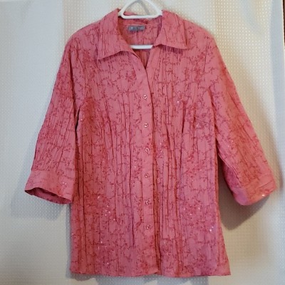 Essentials Women s Pink Floral Button-Down Blouse with sequins 1X Plus 3/4Sleeve