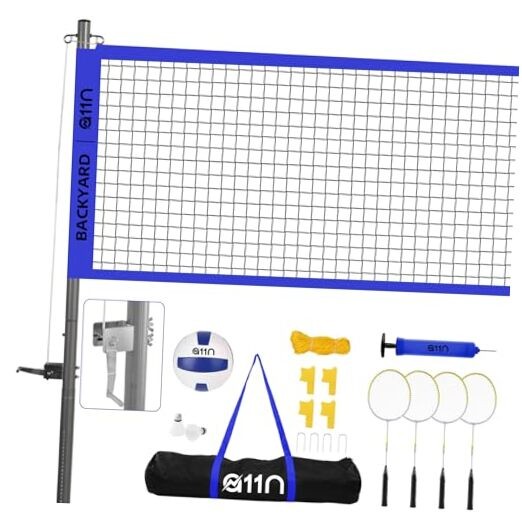 A11N Outdoor Volleyball and Badminton Combo Set - Includes Adjustable Blue
