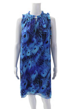 Elie Tahari Womens Silk Graphic Print Ruffled Sleeveless Mini Dress Blue Size L