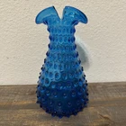 Vintage Azure Blue Tuscany Žena Fenton Hobnail Art Glass Vase w/split rim