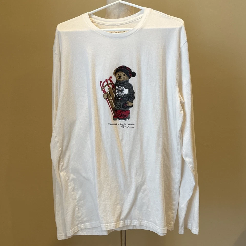 Polo Ralph Lauren Polo Bear Long Sleeve Shirt Men Large Off White Sled Snowboard - Image 2 of 4