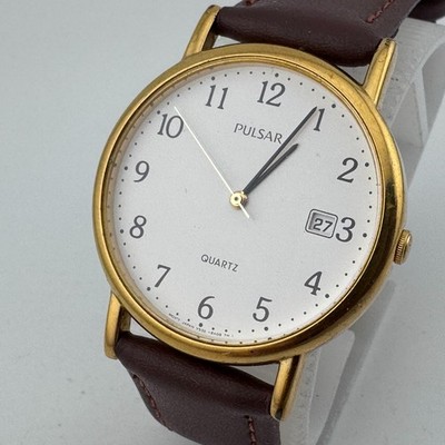 Vintage Pulsar Quartz Watch V532-9A00 Men Gold Tone Leather Analog New Battery