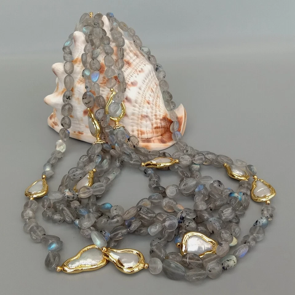 Collar de perlas lágrima blanca labradorita gris natural 5 filas joyería femenina 24" Foto 4 de 4