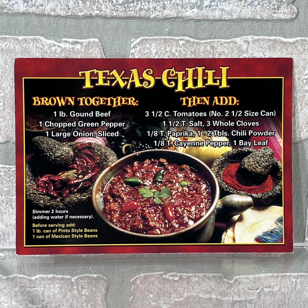 Texas Chili Recipe Card Postcard Home on the Range Unposted