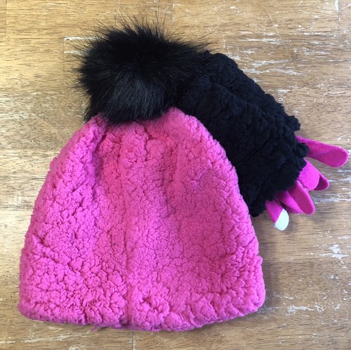 Justice Girls Bright Pink & Black Faux Fur Pom Pom Beanie Hat/Tech Gloves Set - Picture 2 of 5