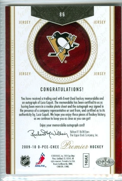 Luca Caputi 2009-10 O-Pee-Chee '09 OPC Premier 86/299 NM+ Jersey Card #86 - Image 2 of 2