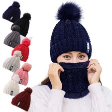 Women Winter Beanie Hat With Pom Pom Scarf Set Knit Thermal Warm Snow Ski Cap US