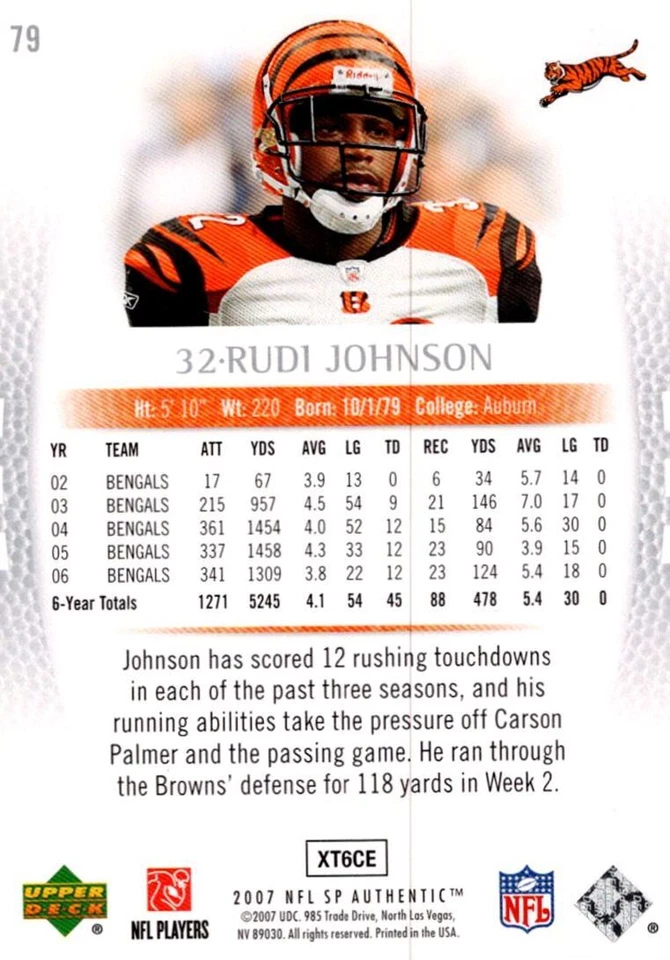 2007 SP Authentic Rudi Johnson Cincinnati Bengals #79 - Image 2 of 2