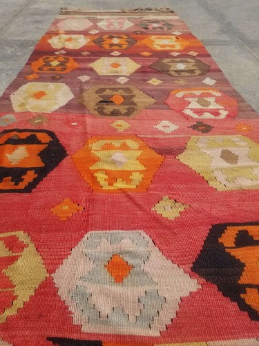 Distressed Fine Vintage Traditional Hand Made Oriental Wool Kilim 11x4.9ft