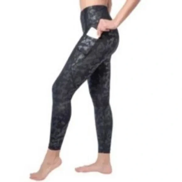 yogalicious shine floral print pocket 7/8 stretch metallic leggings
