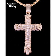Mens Large CZ Cross Pendant Rose Gold Plated 24" Rope Hip Hop Necklace