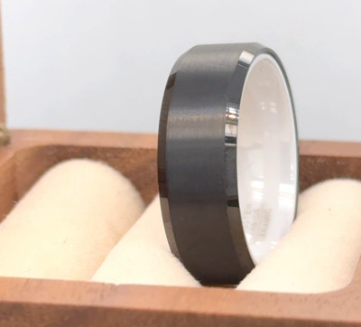 Matt Finish Shiny Thanksgiving Gift For Him Black & White Ceramic Tungsten Band