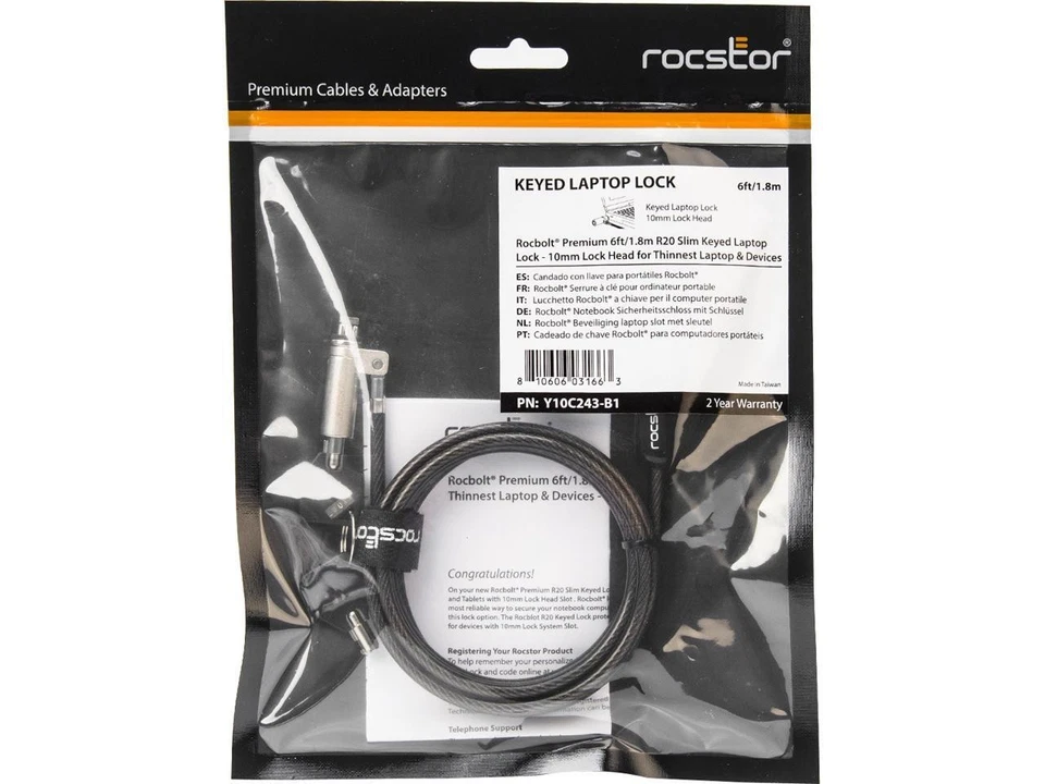 Rocbolt R20 Slim Laptop Security Cable w/ Key Lock & 2 Keys 10mm Lock Head - Image 3 of 4