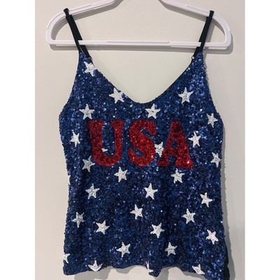 Third Wish Women's XL USA Sequin Star Cami Tank Top Red White Blue Patriotic