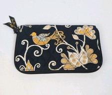 Retired Vera Bradley Black Yellow Bird Floral Pattern Zip Around Wallet