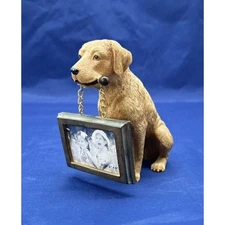 Vintage Gold Retriever Dog Sitting Figurine with Mini Picture Frame Resin Brown