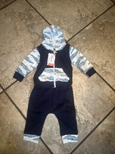 Fuyimei NWT Bits 2-piece Zip Up Shirt/jacket Pants Blue White Fern Palm Sz 70