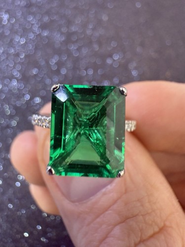 18K White Gold Ring Lab Grown Emerald Colorstone Diamond Hidden Halo Ring - Picture 3 of 11