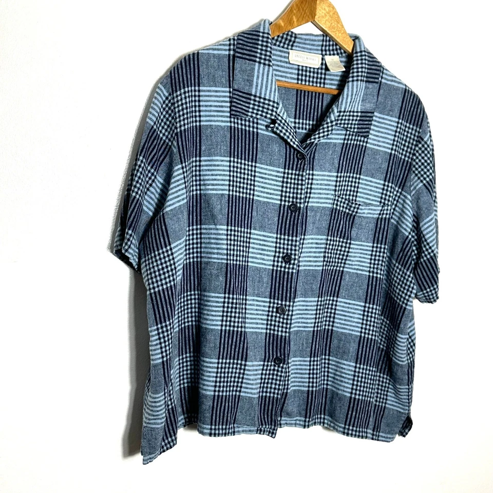 STUDIO WORKS Shirt Women's 3X Blue Plaid Linen Rayon Button Up Short Sleeve Top - Image 2 of 4