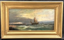 W H WILLIAMSON 1820-1883 SAILBOATS CHOPPY WATERS AT SUNSET ANTIQUE OIL PAINTING