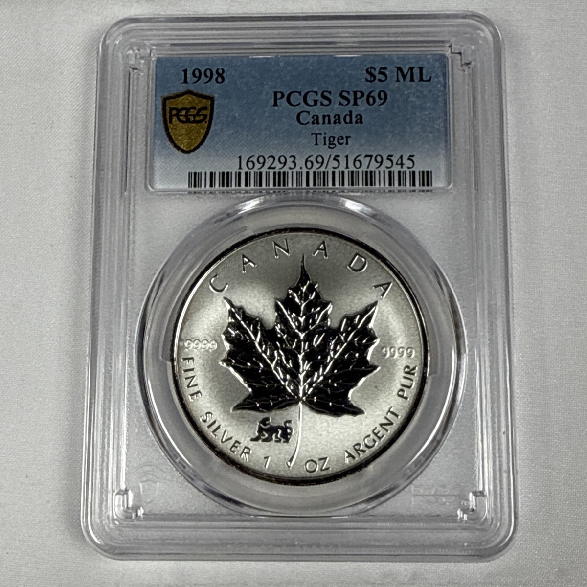 1998 CANADA $5 SILVER MAPLE LEAF TIGER PRIVY MARK 1 OZ COIN - PCGS