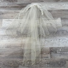 Vintage Pearl Beaded Floral Bridal Veil Ivory Tulle Headpiece Wedding 1990s