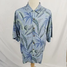Tommy Bahama 100% Silk Hawaiian Shirt Tropical Leaves Blue Green Gray XL EUC