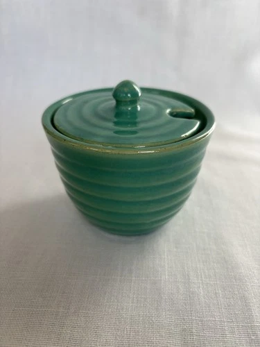 Mustard Condiment Jar Bauer Ringware Green Lid Vintage California Pottery EUC