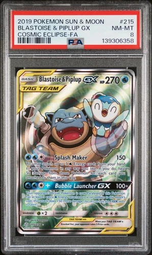 2019 POKEMON SUN & MOON COSMIC ECLIPSE #215 FULL ART/BLASTOISE & PIPLUP GX PSA 8