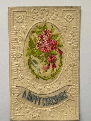 WW1 Military Silk Embroidery Postcard with Flowers.  “A Happy Christmas”