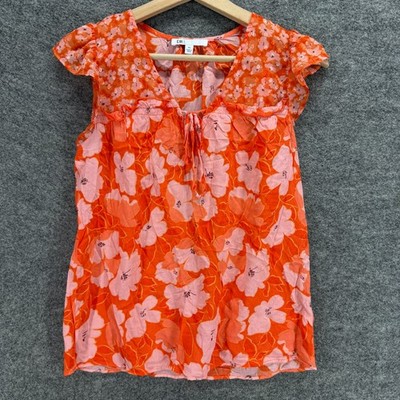 DR2 Blouse Women XS Orange Floral V-Neck Short Sleeve Tasseled Rayon Top