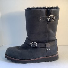 UGG Womens 10 Black Noira Leather Pull On Boots 1001733 Snow Shearling Lined