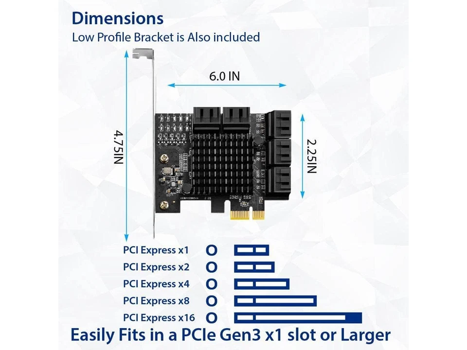 10 Port SATA III to PCIe 3.0 x1 Non-RAID Expansion Card JMB582 Low Profile Br... - Image 4 of 4