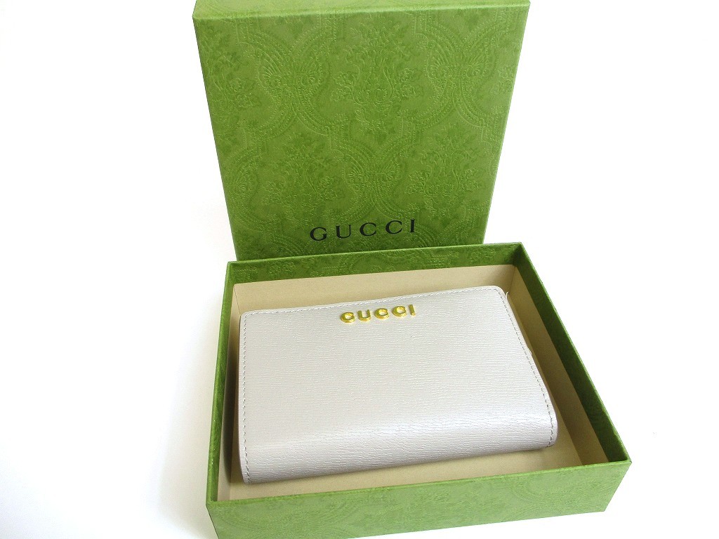 Authentic GUCCI Gold Logo Script Gray Leather Bif… - image 12
