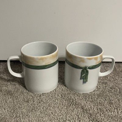 2x Set Philippe DESHOULIERES RUBAN MUG - 3 5/8'' Limoges Discontinued White Green