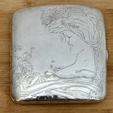 UNGER BROTHERS STERLING ACID ETCHED ENGRAVED WOMAN & FLOWERS CIGARETTE CASE 1900