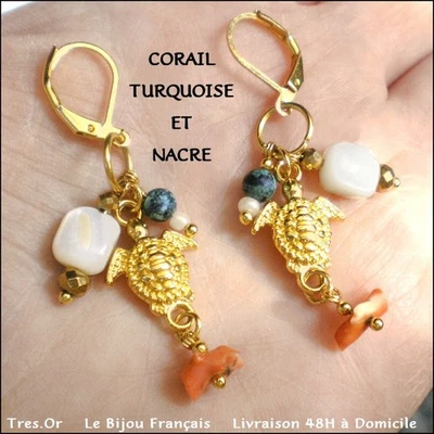 Boucle d'Oreille CORAIL TURQUOISE NACRE PLAQUÉ OR TORTUE BijouFrançais LIVRÉ 48H - Photo 1/4