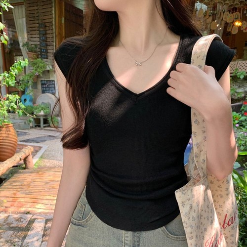 V Collar T-shirt Short Sleeves Bottoming Shirt Trendy Summer Top - Picture 3 of 15