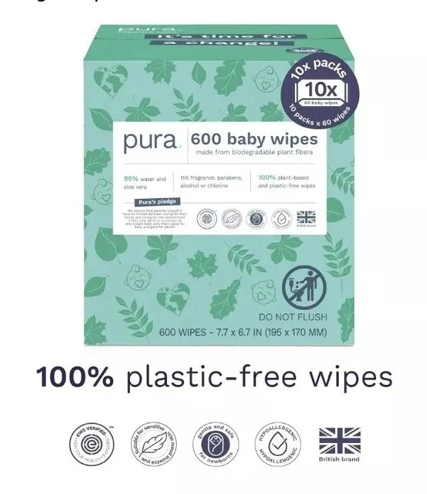 Pura Baby Wipes 10x60 per pack (600 Wipes) 100% Plastic-Free & Plant Based Wipe