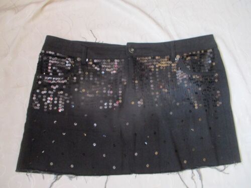 Ladies Black Denim Mini Skirt with Sequins Detail Size 16 Distressed Look - Afbeelding 1 van 4