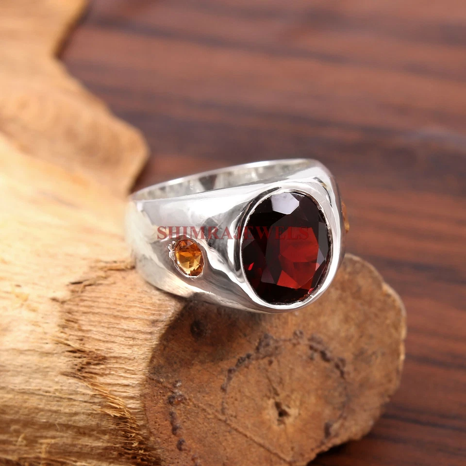 Anello In Argento Sterling 925 Con Gemma Di Granato E Citrino Per Uomo #273 - Immagine 2 di 4