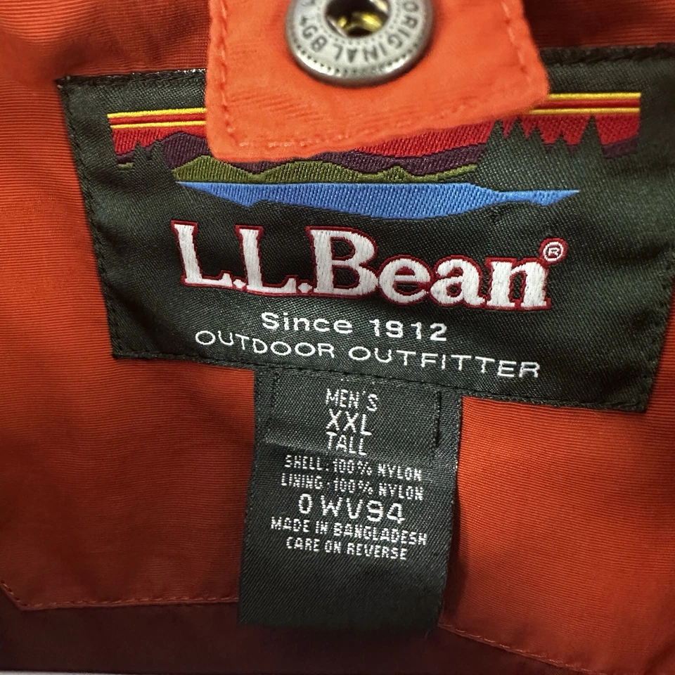 LL Bean Mens Full Zip Winter Ski Jacket Hidden Hood Orange Gray XXL Tall Nylon - Image 2 of 4