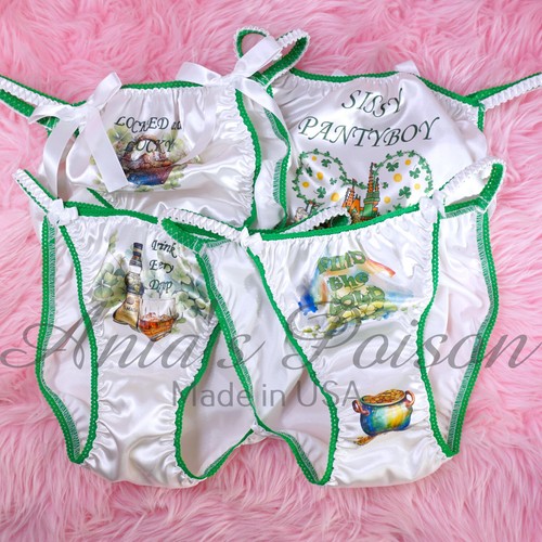 Sissy Satin St. Patrick's Panties for  MEN - Naughty Text shiny string bikini - Picture 1 of 17